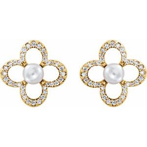 14K Yellow Cultured White Freshwater Pearl & 1/4 CTW Natural Diamond Earrings - BN & CO JEWELRY