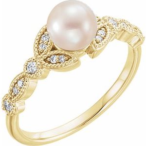 14K Yellow Cultured White Freshwater Pearl & 1/10 CTW Natural Diamond Leaf Ring - BN & CO JEWELRY