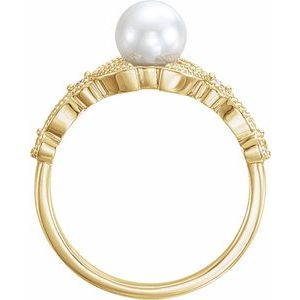 14K Yellow Cultured White Freshwater Pearl & 1/10 CTW Natural Diamond Leaf Ring - BN & CO JEWELRY