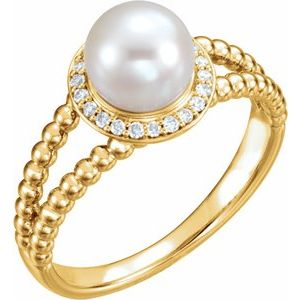 14K Yellow Cultured White Freshwater Pearl & .08 CTW Natural Diamond Halo-Style Beaded Ring - BN & CO JEWELRY