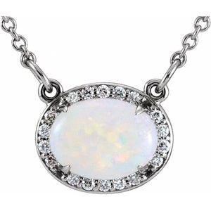 14K White Natural White Opal & .07 CTW Diamond Halo-Style 16 1/2" Necklace - BN & CO JEWELRY