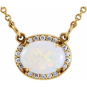 14K Yellow Natura White Opal & .07 CTW Diamond Halo-Style 16 1/2" Necklace - BN & CO JEWELRY