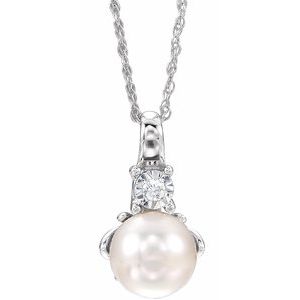 14K White Cultured White Freshwater Pearl & .02 CT Natural Diamond 18" Necklace - BN & CO JEWELRY