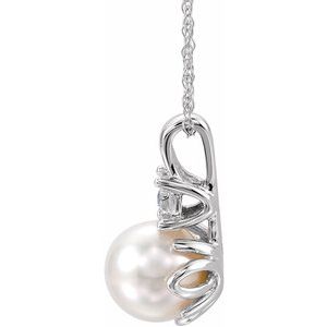 14K White Cultured White Freshwater Pearl & .02 CT Natural Diamond 18" Necklace - BN & CO JEWELRY