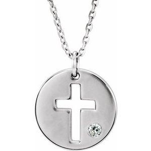 14K White .03 CT Natural Diamond Pierced Cross Disc 16-18" Necklace - BN & CO JEWELRY