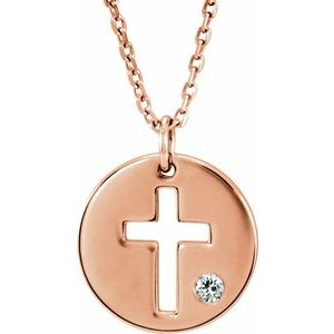 14K Rose .03 CT Natural Diamond Pierced Cross Disc 16-18" Necklace - BN & CO JEWELRY