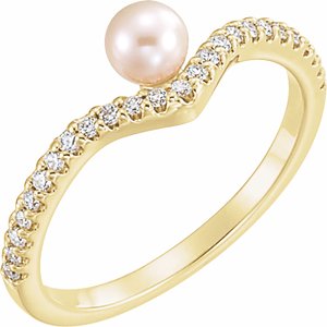 14K Yellow Cultured White Freshwater Cultured Pearl & 1/6 CTW Natural Diamond V Ring - BN & CO JEWELRY