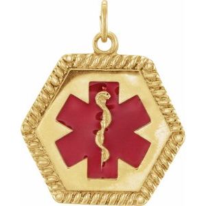 14K Yellow 20.5x19 mm Engravable Red Enamel Medical Identification Pendant - BN & CO JEWELRY