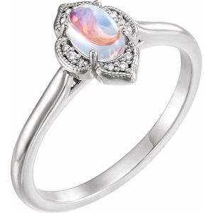 14K White Natural Rainbow Moonstone & .03 CTW Natural Diamond Ring - BN & CO JEWELRY