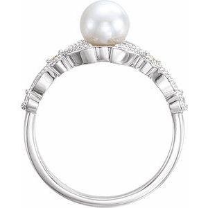 14K White Cultured White Freshwater Pearl & 1/10 CTW Natural Diamond Leaf Ring - BN & CO JEWELRY