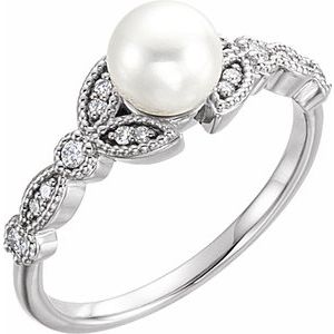 14K White Cultured White Freshwater Pearl & 1/10 CTW Natural Diamond Leaf Ring - BN & CO JEWELRY