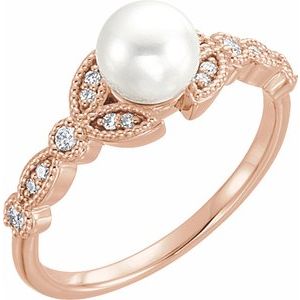 14K Rose Cultured White Freshwater Pearl & 1/10 CTW Natural Diamond Leaf Ring - BN & CO JEWELRY