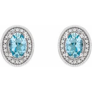14K White 6x4 mm Natural Aquamarine & 1/5 CTW Natural Diamond Halo-Style Earrings - BN & CO JEWELRY