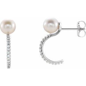 14K White Cultured White Freshwater Pearl & 1/6 CTW Natural Diamond Hoop Earrings - BN & CO JEWELRY