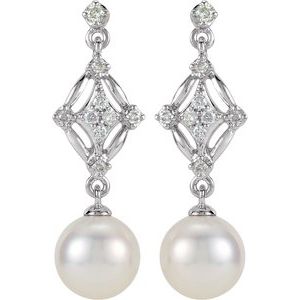 14K White Cultured White Freshwater Pearl & 1/6 CTW Natural Diamond Earrings - BN & CO JEWELRY