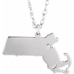 Rhodium-Plated Sterling Silver Massachusetts .015 CT Diamond State with Accented City Necklace - BN & CO JEWELRY