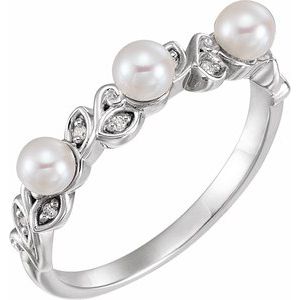 14K White Cultured White Seed Pearl & .03 CTW Natural Diamond Stackable Leaf Pattern Ring - BN & CO JEWELRY