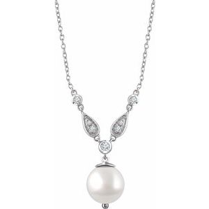 14K White Freshwater Cultured Pearl & 1/6 CTW Diamond 16-18" Necklace - BN & CO JEWELRY