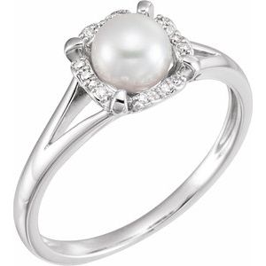 14K White Cultured White Freshwater Pearl & .05 CTW Natural Diamond Ring - BN & CO JEWELRY