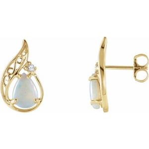 14K Yellow Natural White Opal & .03 CTW Natural Diamond Earrings - BN & CO JEWELRY
