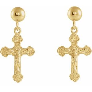 14K Yellow 13x9 mm Crucifix Ball Dangle Earrings - BN & CO JEWELRY