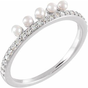 14K White Cultured White Freshwater Pearl & 1/5 CTW Natural Diamond Stackable Ring - BN & CO JEWELRY