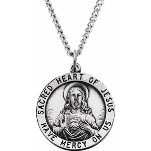 Sterling Silver 25 mm Round Sacred Heart of Jesus 24" Necklace - BN & CO JEWELRY