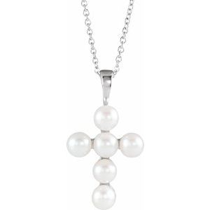 Sterling Silver Cultured White Freshwater Pearl Cross 16-18" Necklace - BN & CO JEWELRY