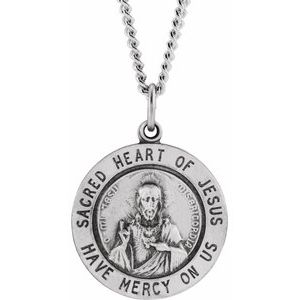 Sterling Silver 22 mm Round Sacred Heart of Jesus 24" Necklace - BN & CO JEWELRY