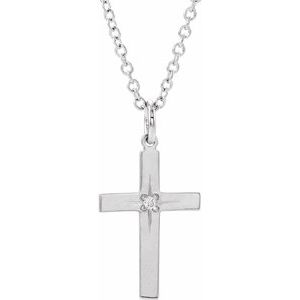 14K White .0075 CT Natural Diamond Youth Cross 15" Necklace - BN & CO JEWELRY