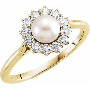 14K Yellow Cultured White Freshwater Pearl & 3/8 CTW Natural Diamond Ring - BN & CO JEWELRY