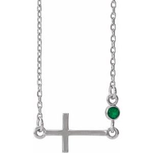 Sterling Silver Lab-Grown Emerald Sideways Cross 16-18" Necklace - BN & CO JEWELRY