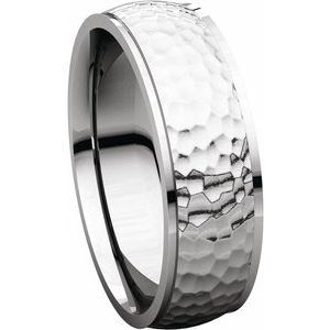 14K White 6 mm Half Round Edge Band with Hammered Texture Size 8.5 - BN & CO JEWELRY