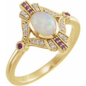 14K Yellow Natural Ethiopian Opal, Natural Pink Sapphire & .06 CTW Natural Diamond Cabochon Ring - BN & CO JEWELRY