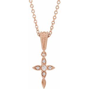 14K Rose .03 CTW Natural Diamond Petite Vintage-Inspired 16-18" Cross Necklace - BN & CO JEWELRY