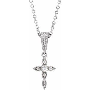 14K White .03 CTW Natural Diamond Petite Vintage-Inspired 16-18" Cross Necklace - BN & CO JEWELRY