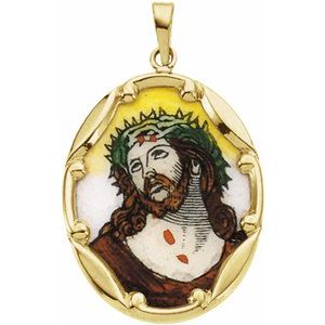14K Yellow 13x10 mm Face of Jesus Hand-Painted Porcelain Medal - BN & CO JEWELRY