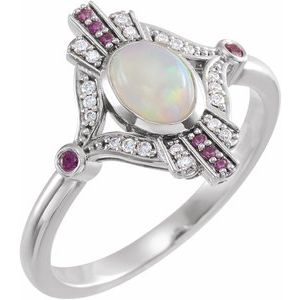 14K White Natural Ethiopian Opal, Natural Pink Sapphire & .06 CTW Natural Diamond Cabochon Ring - BN & CO JEWELRY