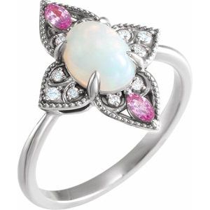 14K White Natural Ethiopian Opal, Natural Pink Sapphire & .05 CTW Natural Diamond Vintage-Inspired Ring - BN & CO JEWELRY