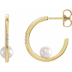 14K Yellow Cultured White Freshwater Pearl & .025 CTW Natural Diamond Hoop Earrings - BN & CO JEWELRY