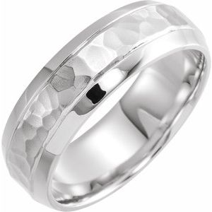 14K White 7 mm Beveled-Edge Band with Hammered Texture - BN & CO JEWELRY