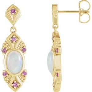 14K Yellow Natural Ethiopian Opal & Natural Pink Sapphire Vintage-Inspired Earrings - BN & CO JEWELRY