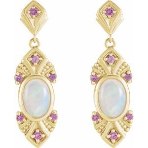 14K Yellow Natural Ethiopian Opal & Natural Pink Sapphire Vintage-Inspired Earrings - BN & CO JEWELRY