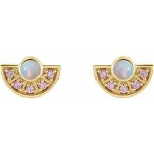 14K Yellow Natural White Ethiopian Opal & Natural Pink Sapphire Fan Earrings - BN & CO JEWELRY
