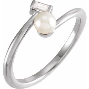 14K White Cultured Akoya Pearl & 1/10 CT Natural Diamond Ring - BN & CO JEWELRY