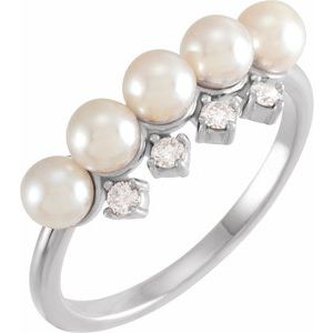 14K White Cultured White Akoya Pearl & 1/8 CTW Natural Diamond Stackable Ring - BN & CO JEWELRY
