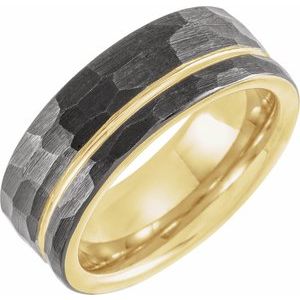 Black & 18K Yellow Gold PVD Tungsten 8 mm Grooved Size 12.5 Band With Hammer Finish - BN & CO JEWELRY