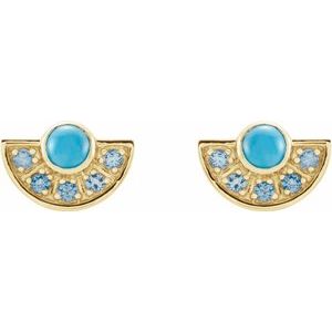 14K Yellow Natural Turquoise & Natural Aquamarine Fan Earrings - BN & CO JEWELRY