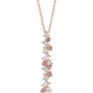 14K Rose Ethiopian Opals, Pink Sapphires & 1/8 CTW Diamond Scattered Bar 16-18" Necklace - BN & CO JEWELRY