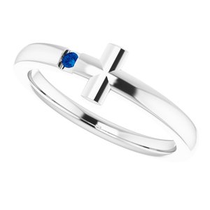 14K White Natural Blue Sapphire Youth Sideways Cross Ring - BN & CO JEWELRY